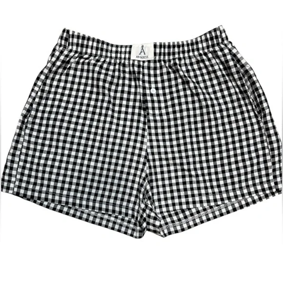 ANRABESS Women's Gingham Check Shorts Plaid Sleep & Lounge Black and White - Picture 2 of 16
